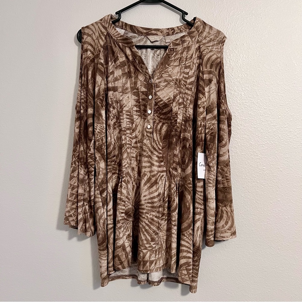 Coral Bay Women’s Brown Tan Button Down Flare Sleeve Open Shoulder Blouse 1X